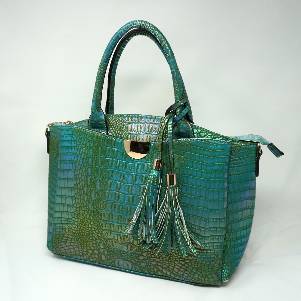IMOSHION Faux Croc Satchel Teal color with tassels Medium Purse Handbag